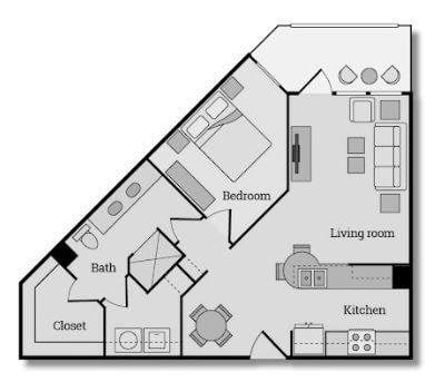 Floor plan for 1 bed, 1 bath, 783 sqft